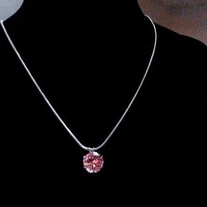 Round pink Ice solitaire pendant 18" snake chain NEW